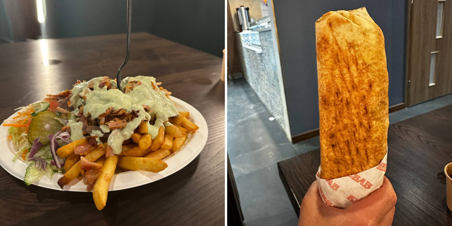 Noor Kebab Sopot. Na zdjęciu: Talerz Kebab (30 zł) oraz średni Rollo Kebab (22 zł).