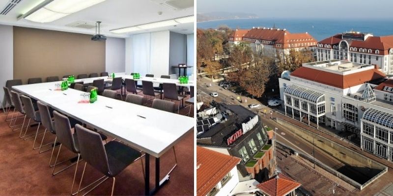 Sala konferencyjna oraz widok na hotel z lotu ptaka. Fot. materiały Bayjonn Hotel Sala konferencyjna oraz widok na hotel z lotu ptaka. Fot. materiały Bayjonn Hotel