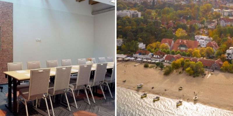Sala konferencyjna hotelu Eureka oraz widok na hotel z lotu ptaka. Fot. materiały hotelu Eureka Sala konferencyjna hotelu Eureka oraz widok na hotel z lotu ptaka. Fot. materiały hotelu Eureka