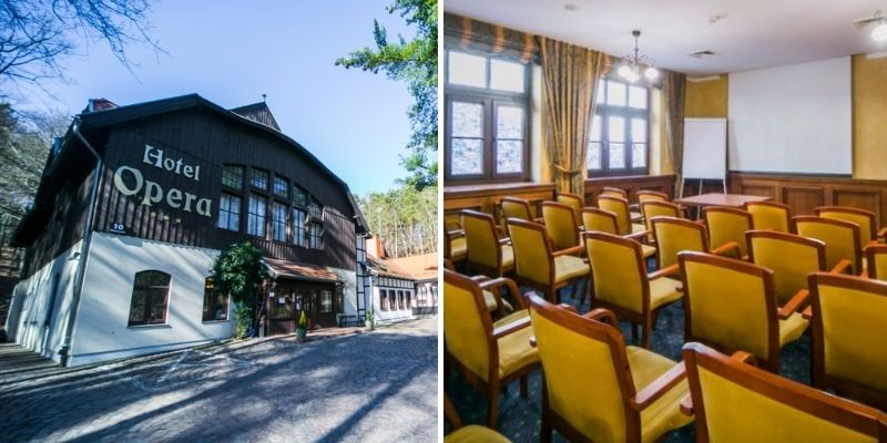 Hotel Opera z zewnątrz oraz sala konferencyjna z krzesłami w układzie teatralnym. Fot. materiały Hotelu Opera Hotel Opera z zewnątrz oraz sala konferencyjna z krzesłami w układzie teatralnym. Fot. materiały Hotelu Opera