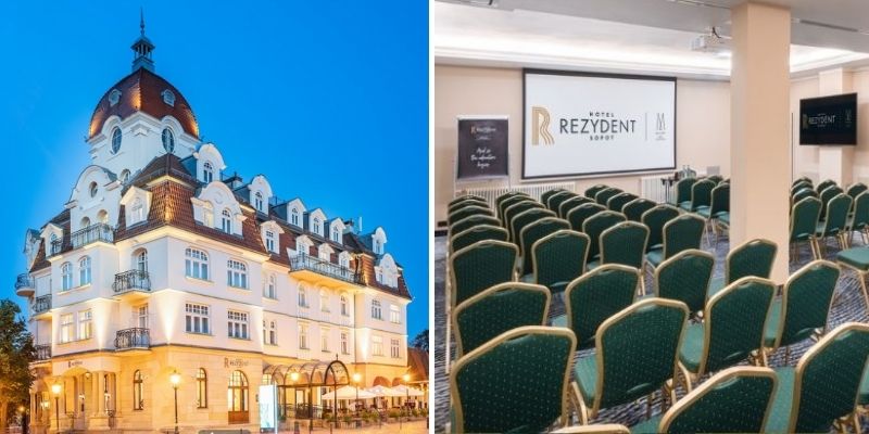 Hotel Rezydent Sopot wyróżnia się na tle okolicznych budynków. Na zdjęciach widok z zewnątrz oraz sala konferencyjna z krzesłami w układzie teatralnym. Fot. materiały Hotelu Rezydent Sopot Hotel Rezydent Sopot wyróżnia się na tle okolicznych budynków. Na zdjęciach widok z zewnątrz oraz sala konferencyjna z krzesłami w układzie teatralnym. Fot. materiały hotelu Rezydent