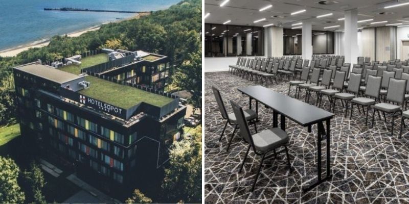 Hotel Sopot widziany z lotu ptaka oraz widok na jedną z sal konferencyjnych w układzie teatralnym. Fot. materiały Hotelu Sopot Hotel Sopot widziany z lotu ptaka oraz widok na jedną z sal konferencyjnych w układzie teatralnym. Fot. materiały Hotelu Sopot