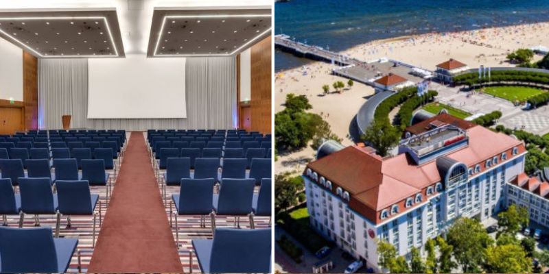 Wszechstronna sala konferencyjna Sheraton Sopot Hotel oraz widok na budynek hotelu z lotu ptaka. Fot. Sheraton Sopot Hotel Wszechstronna sala konferencyjna Sheraton Sopot Hotel oraz widok na budynek hotelu z lotu ptaka. Fot. Sheraton Sopot Hotel