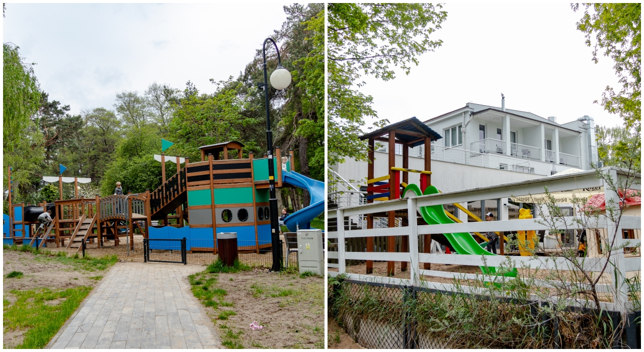 Od lewej: plac zabaw przy Pomarańczowej Plaży, Pomarańczowa Plaża dla dzieci i rodzin